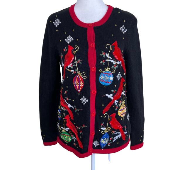 Kim Rogers Sz SP Vtg 90s Knitted Holiday Cardigan Boho Embroidered Beaded - Picture 4 of 16